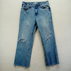 Zara Straight Baggy Jeans Womens 10 (W32) Raw Hem Distressed‎ Cotton Denim Heavy